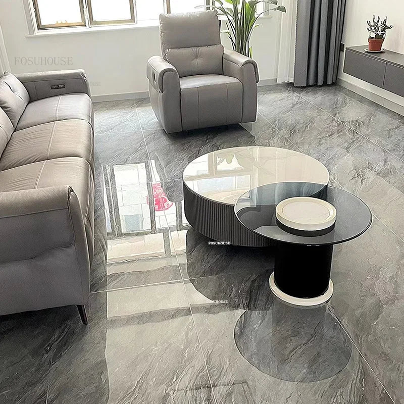 Creative Slate TV Stands Living Room Furniture TV Cabinet Coffee Table Set Light Luxury Small Apartment Cream Round Coffee Table