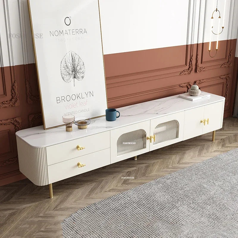 Creative Slate TV Stands Living Room Furniture TV Cabinet Coffee Table Set Light Luxury Small Apartment Cream Round Coffee Table