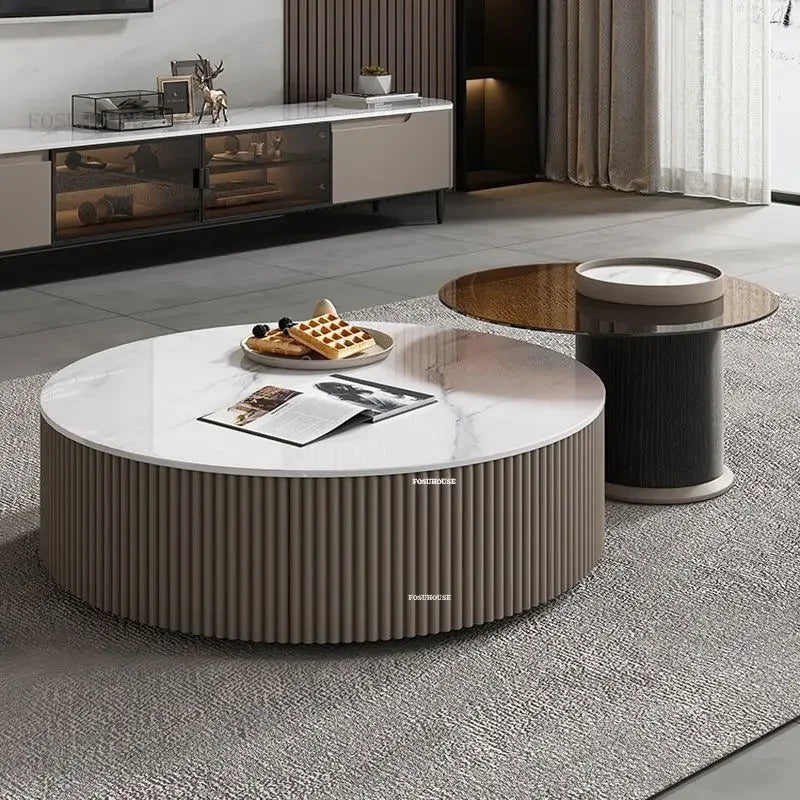 Creative Slate TV Stands Living Room Furniture TV Cabinet Coffee Table Set Light Luxury Small Apartment Cream Round Coffee Table