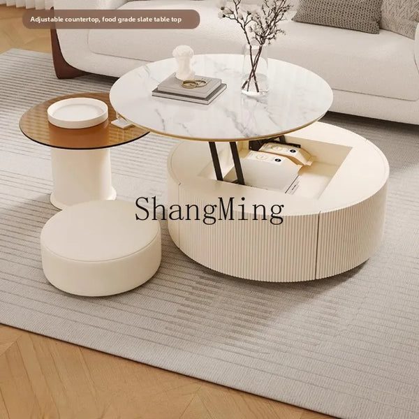 LXY Cream Wind Slate Coffee Table Lifting Household Living Room Round Coffee Table Combination