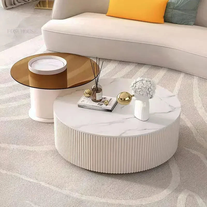 Creative Slate TV Stands Living Room Furniture TV Cabinet Coffee Table Set Light Luxury Small Apartment Cream Round Coffee Table