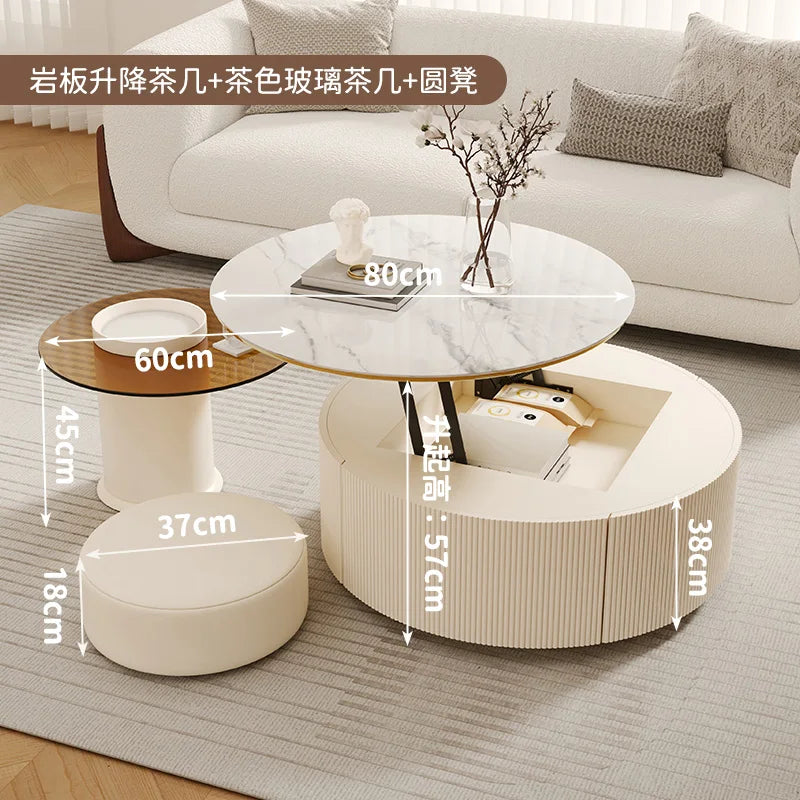 LXY Cream Wind Slate Coffee Table Lifting Household Living Room Round Coffee Table Combination