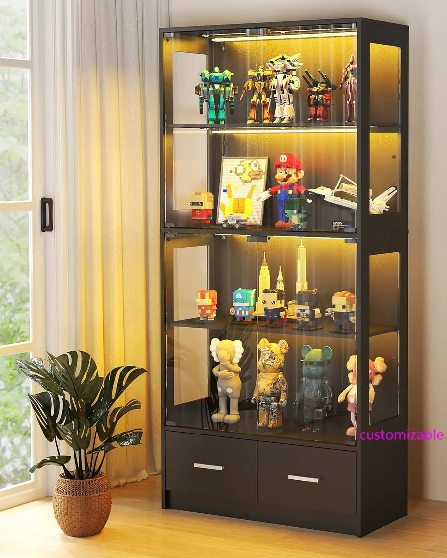 Glass Display Cabinet with Doors - Curio Cabinet with Dynamic LED Lights for Collectibles, 67" Display Case with 4 Tier &Drawers