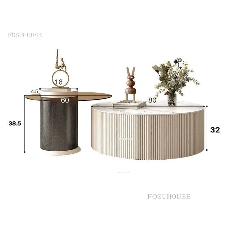 Creative Slate TV Stands Living Room Furniture TV Cabinet Coffee Table Set Light Luxury Small Apartment Cream Round Coffee Table
