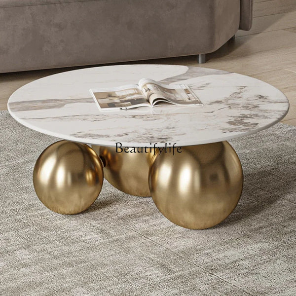 **Modern light luxury rock slab coffee table living room household small apartment metal creative simple round edge table