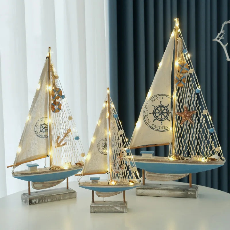 Retro Mediterranean Style Wooden LED Sailing Boat Model Creative Ocean Style Home Decor Gift