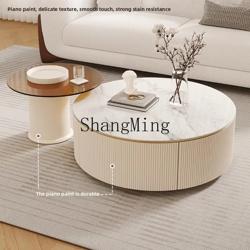 LXY Cream Wind Slate Coffee Table Lifting Household Living Room Round Coffee Table Combination