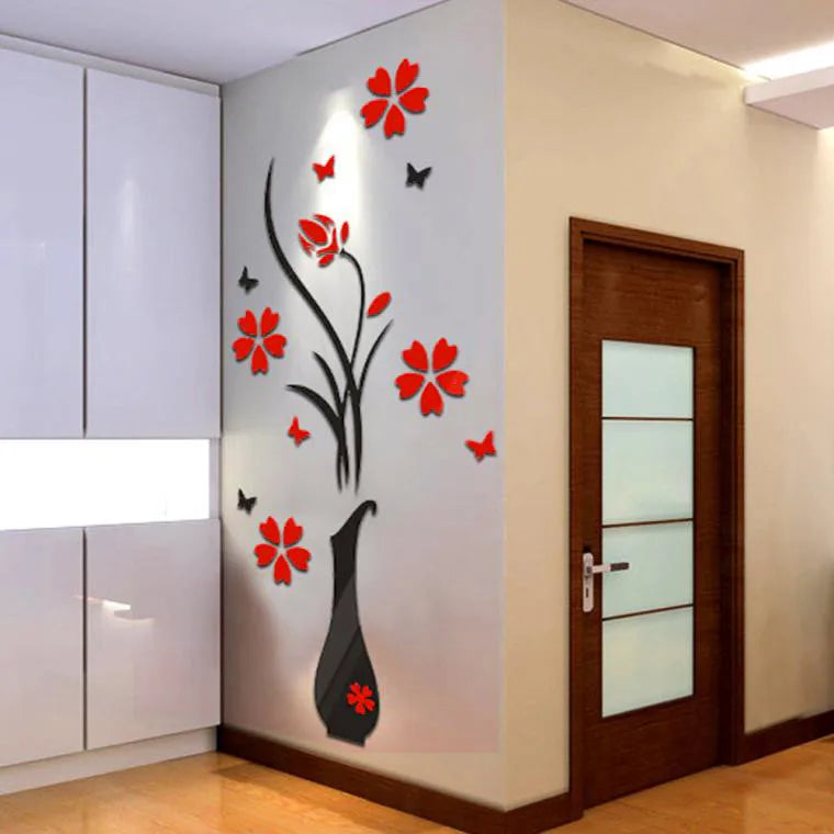 3D DIY Vase Flower Tree Wall Stickers Crystal Arcylic Room Wall Art Decal Home Decor 80*40cm