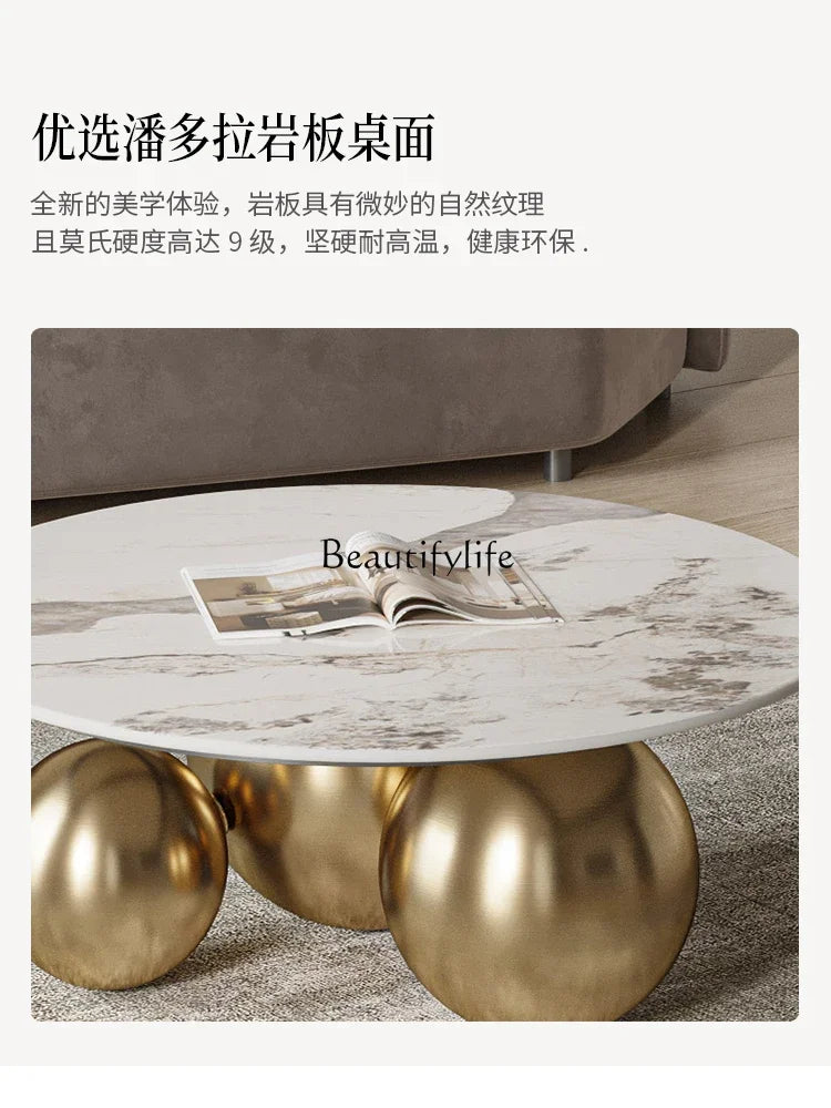 **Modern light luxury rock slab coffee table living room household small apartment metal creative simple round edge table