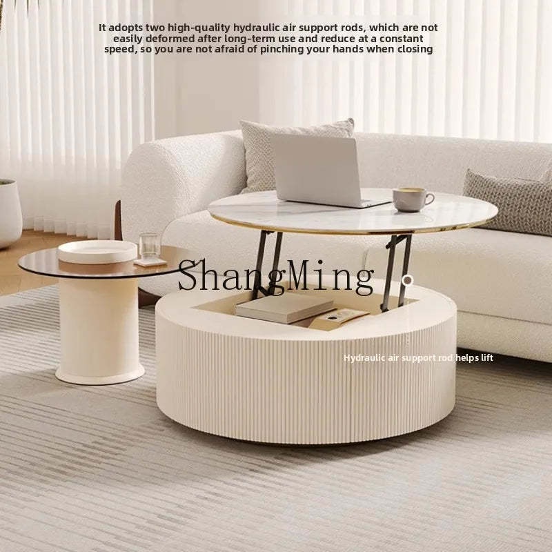 LXY Cream Wind Slate Coffee Table Lifting Household Living Room Round Coffee Table Combination
