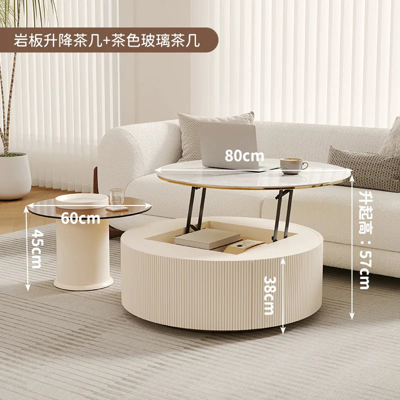 LXY Cream Wind Slate Coffee Table Lifting Household Living Room Round Coffee Table Combination