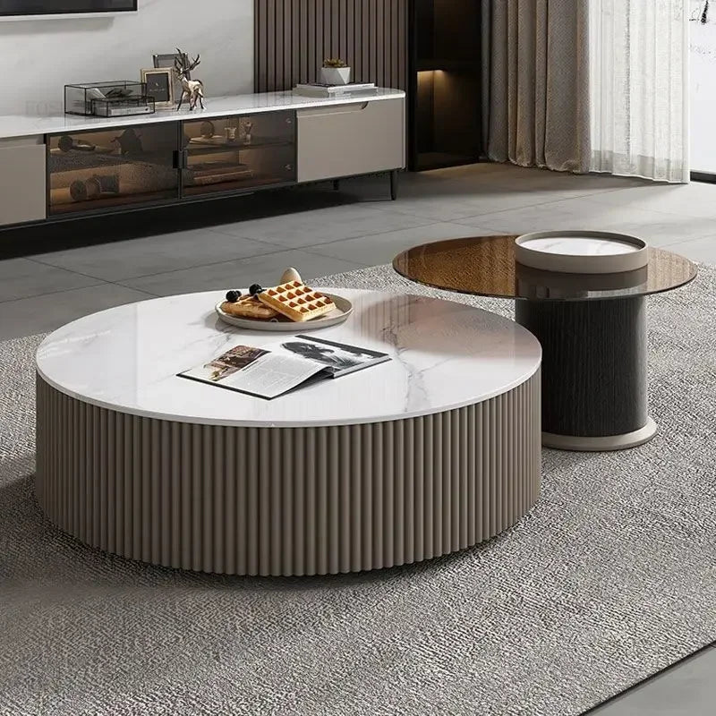 Creative Slate TV Stands Living Room Furniture TV Cabinet Coffee Table Set Light Luxury Small Apartment Cream Round Coffee Table