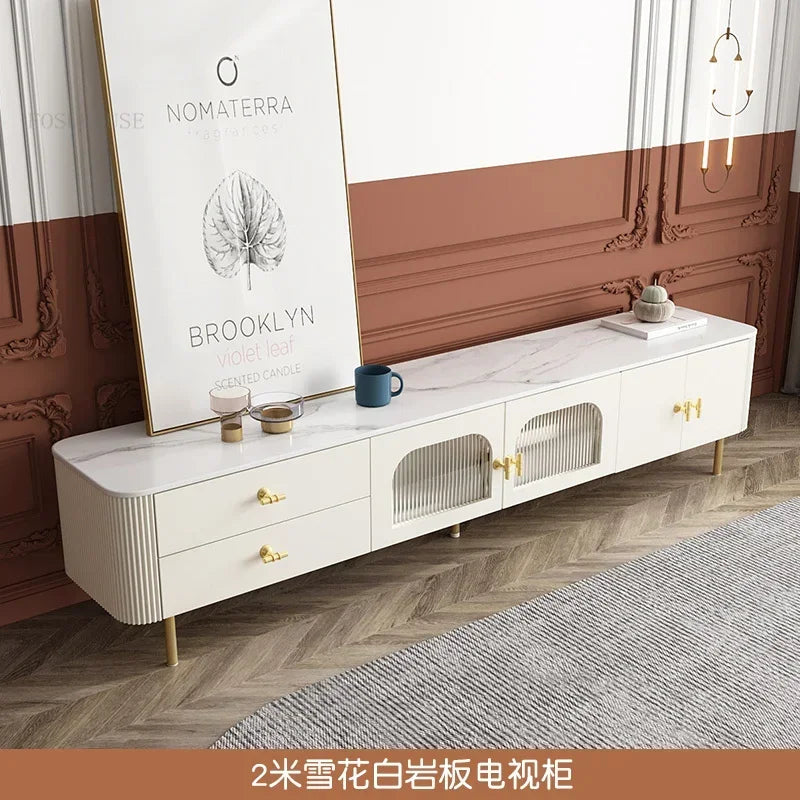 Creative Slate TV Stands Living Room Furniture TV Cabinet Coffee Table Set Light Luxury Small Apartment Cream Round Coffee Table