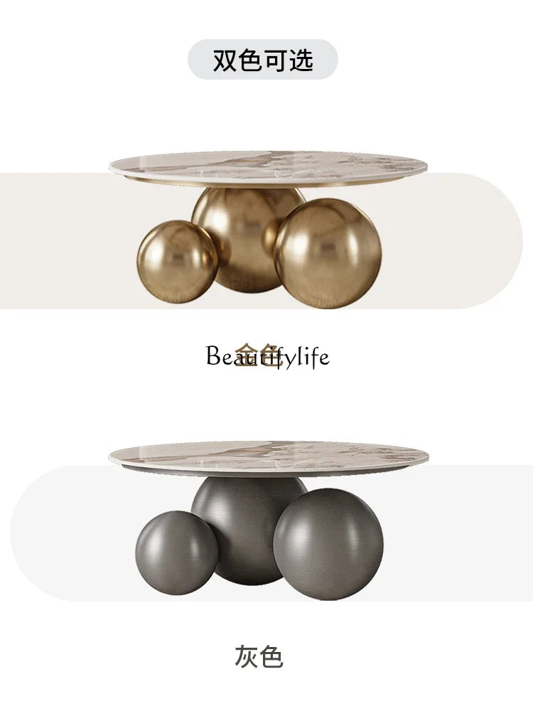 **Modern light luxury rock slab coffee table living room household small apartment metal creative simple round edge table