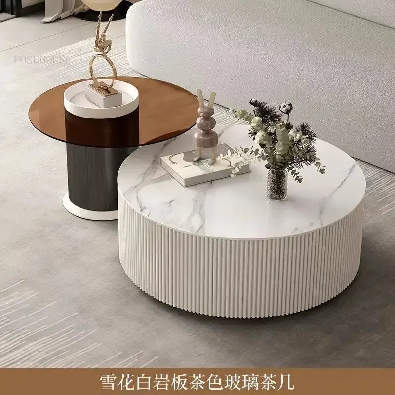 Creative Slate TV Stands Living Room Furniture TV Cabinet Coffee Table Set Light Luxury Small Apartment Cream Round Coffee Table