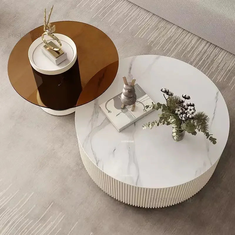 Creative Slate TV Stands Living Room Furniture TV Cabinet Coffee Table Set Light Luxury Small Apartment Cream Round Coffee Table