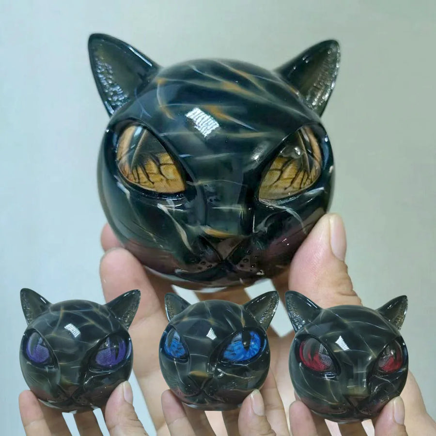Mystic Black Cat Resin Sculpture - Artisan Crafted Head Ornament w/Realistic eyes, Gothic Home Decor for Witchy Aesthetic
