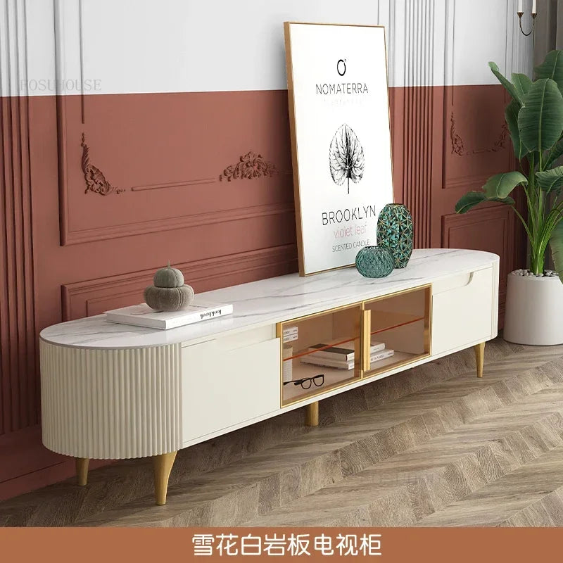 Creative Slate TV Stands Living Room Furniture TV Cabinet Coffee Table Set Light Luxury Small Apartment Cream Round Coffee Table