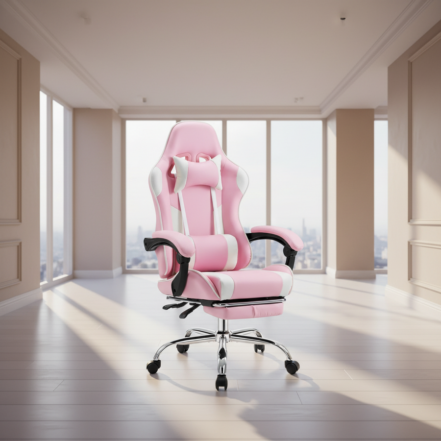 Reclining Gaming Chair with Footrest — White & Pink