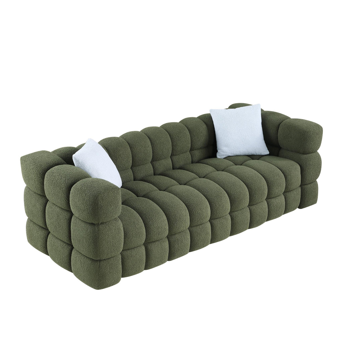 Olive Marshmallow Bouclé Sofa | Sculptural 84-Inch 3-Seater