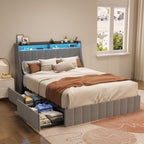 Light Gray Queen Bed with LED Headboard & Storage Drawers