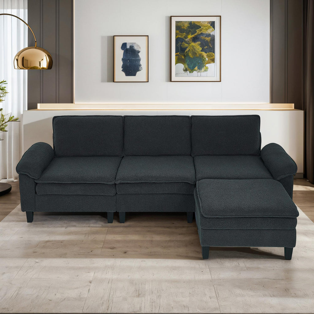 Dark Gray Teddy Modular 3-Seater Sofa with Ottoman