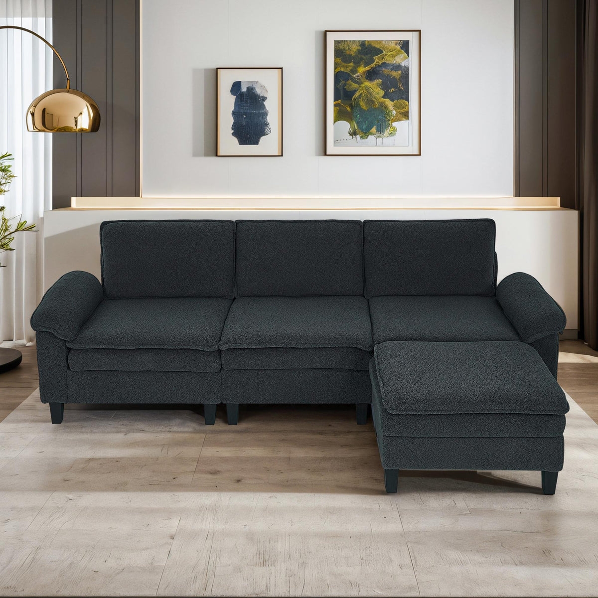 Dark Gray Teddy Modular 3-Seater Sofa with Ottoman