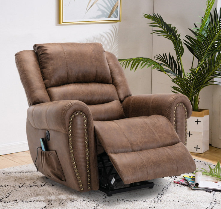 Brown Power Lift Massage Recliner | USB & Nailhead Detail