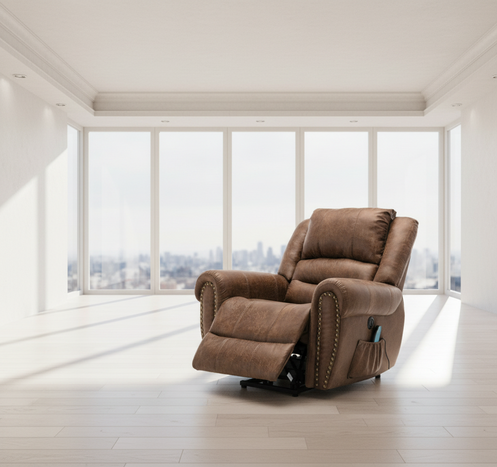 Brown Power Lift Massage Recliner | USB & Nailhead Detail