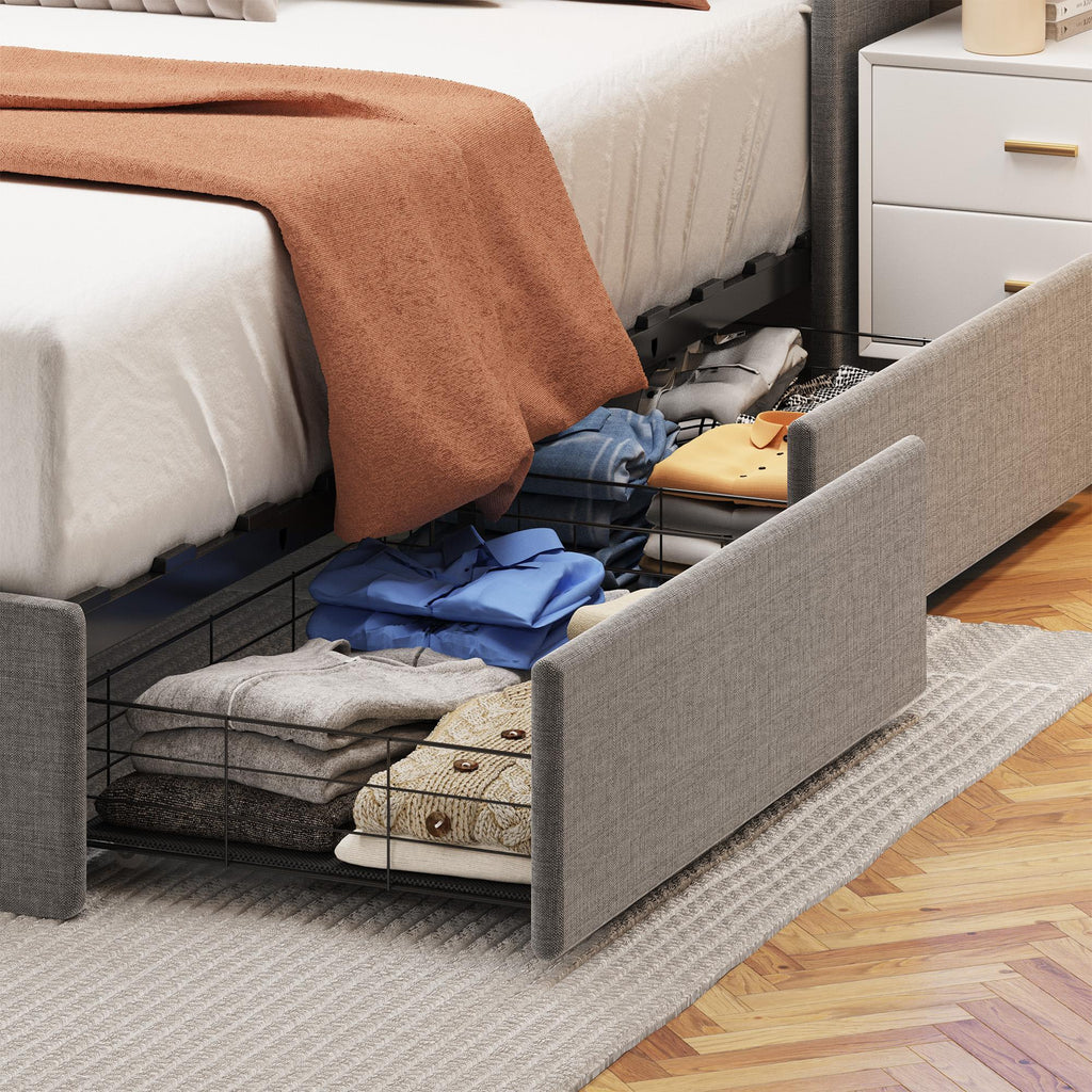Light Gray Full Bed with LED Winged Headboard & Storage