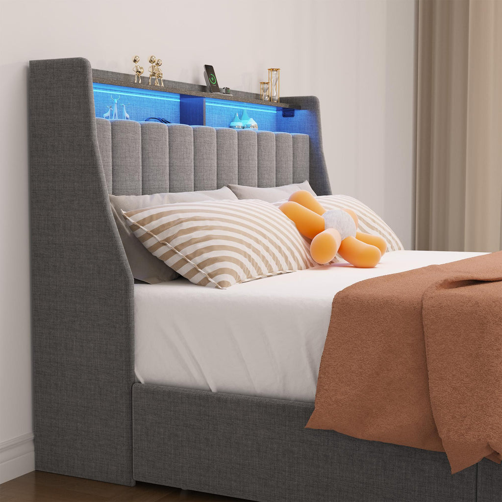 Light Gray Queen Bed with LED Headboard & Storage Drawers