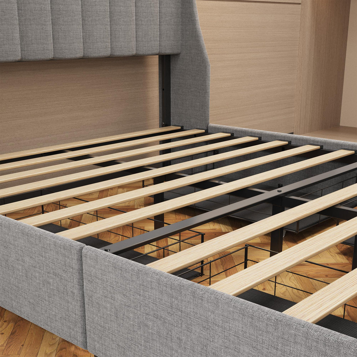 Light Gray Queen Bed with LED Headboard & Storage Drawers
