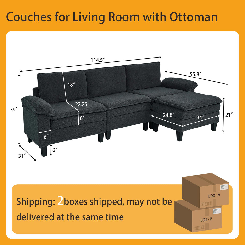 Dark Gray Teddy Modular 3-Seater Sofa with Ottoman