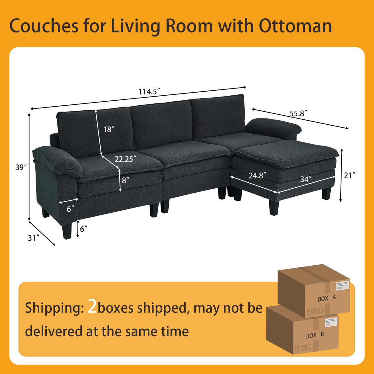 Dark Gray Teddy Modular 3-Seater Sofa with Ottoman