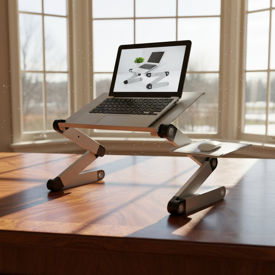 Adjustable Aluminum Laptop Stand with Dual Cooling Fans – Foldable Lap Desk & Workstation with Mouse Pad