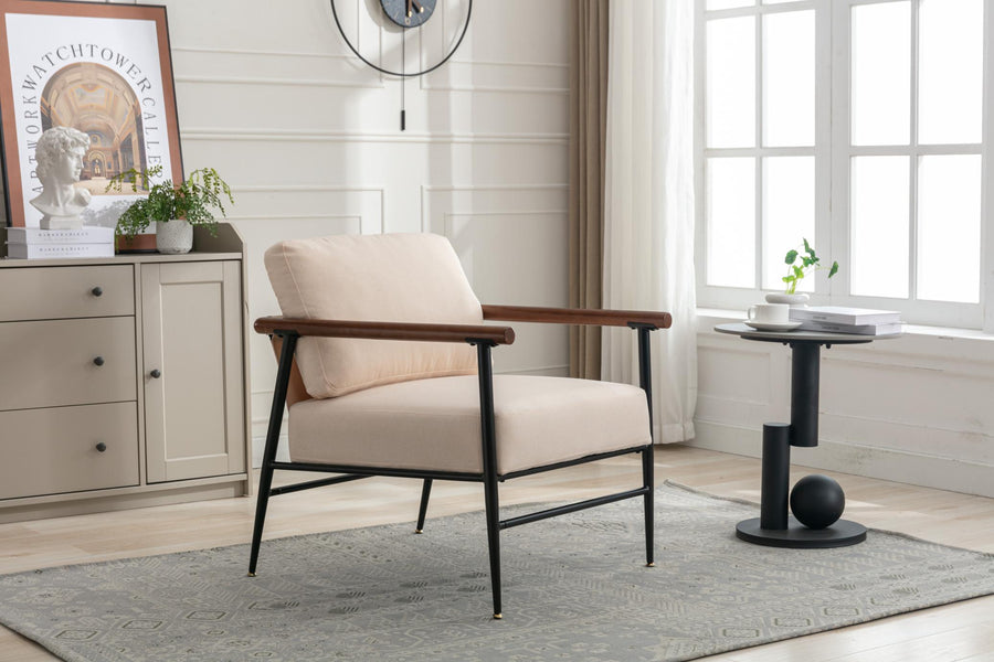 Mid-Century Modern Accent Chair, Linen Fabric Lounge Chair with Overstuffed Cushion, for Living Room, Balcony
