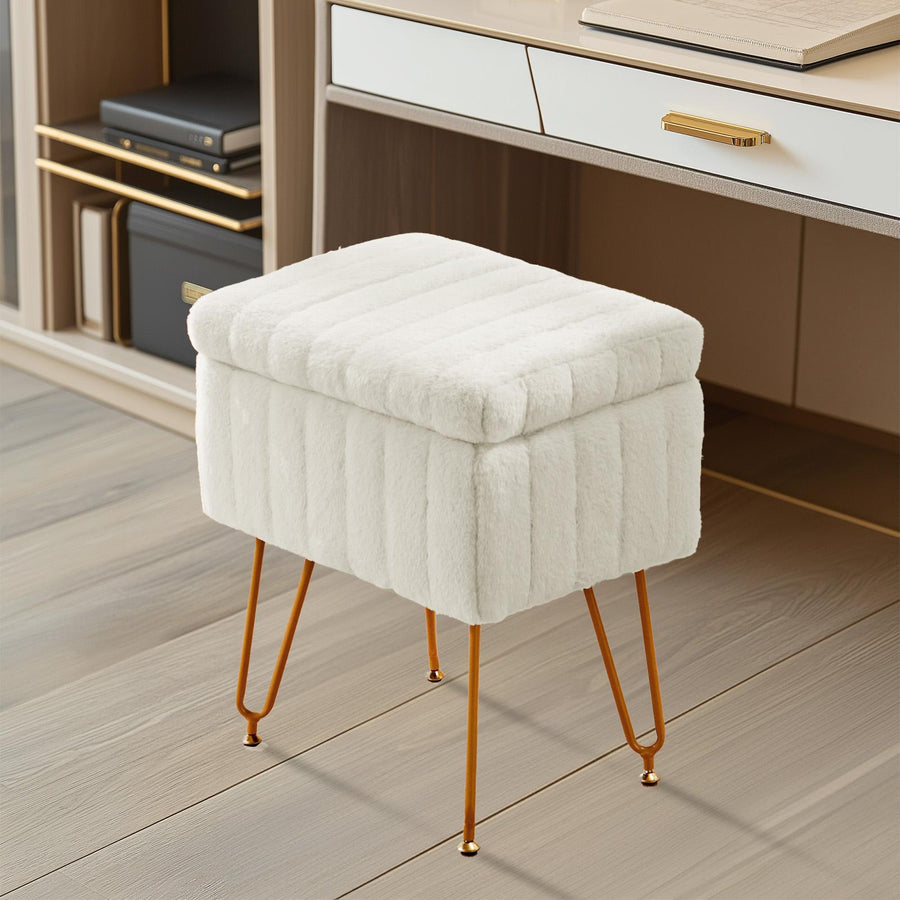 Faux Fur Storage Vanity Stool — White