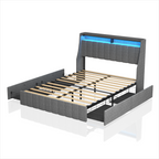 Light Gray Full Bed with LED Winged Headboard & Storage