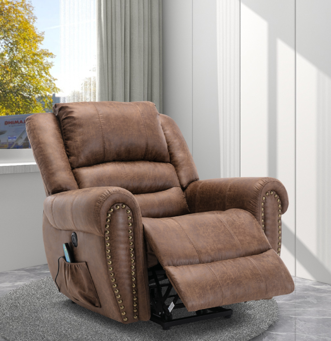 Brown Power Lift Massage Recliner | USB & Nailhead Detail