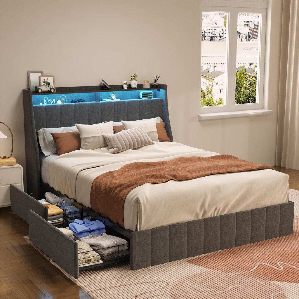 Dark Gray Full Bed with LED Winged Headboard & Storage