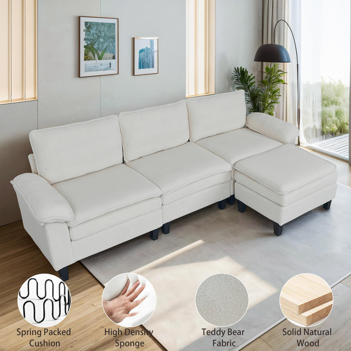 Beige Teddy Modular 3-Seater Sofa with Ottoman | Golden Home