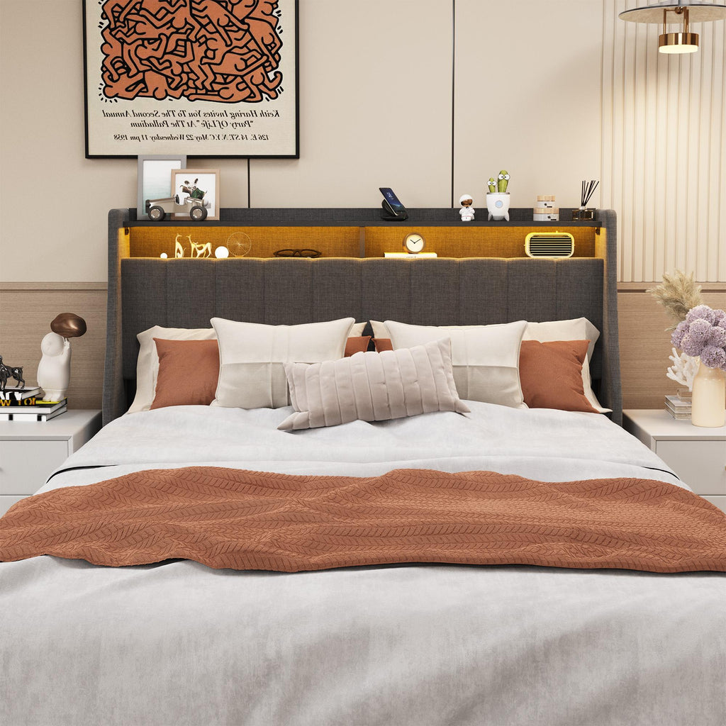 Dark Gray Full Bed with LED Winged Headboard & Storage