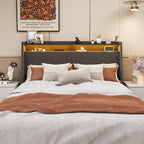 Dark Gray Full Bed with LED Winged Headboard & Storage