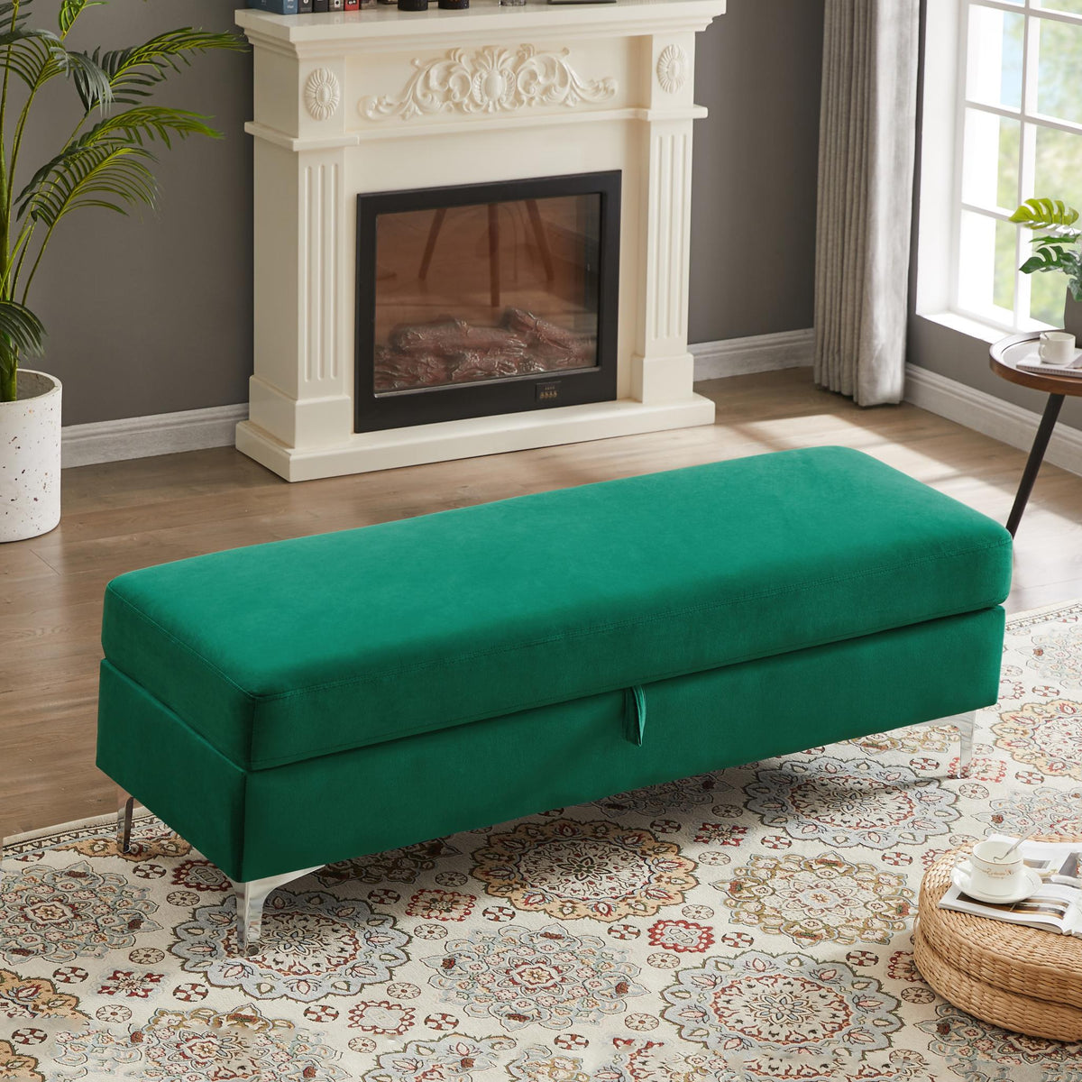 Forest Green Upholstered Storage Bench | Two-Seater