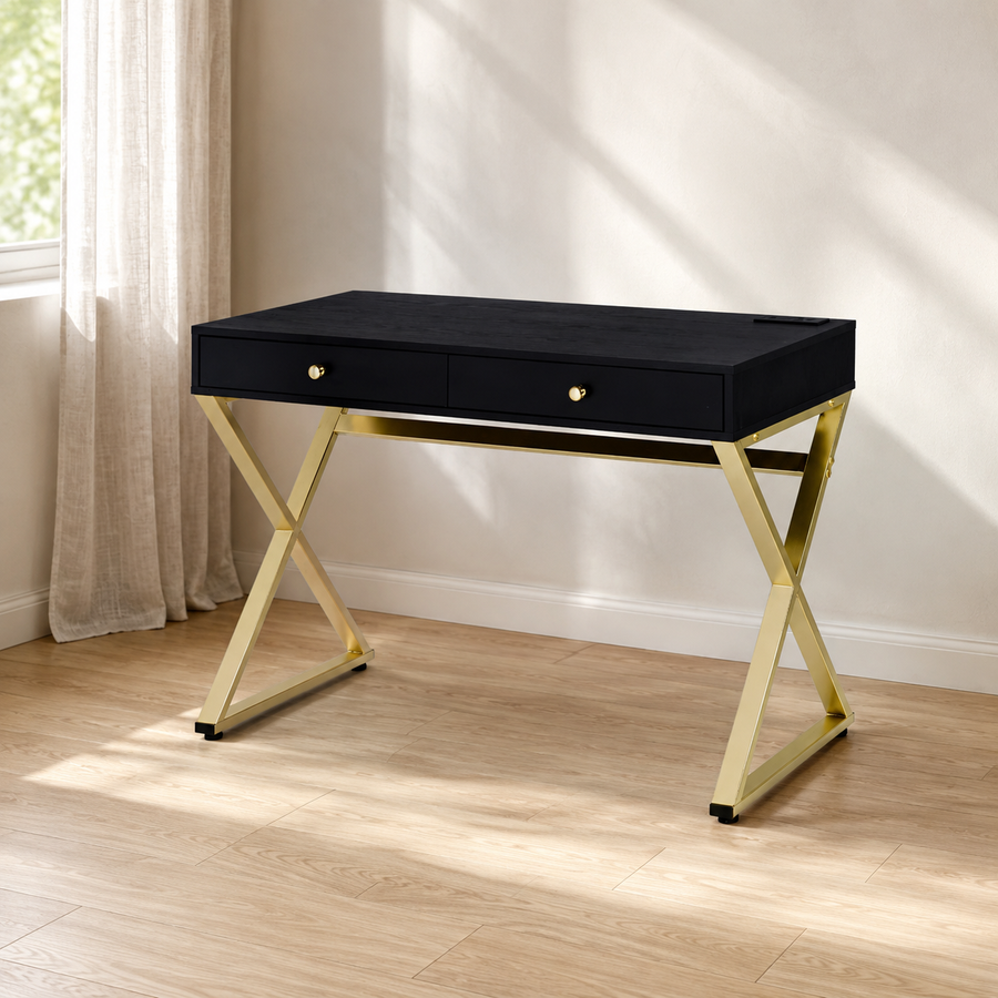 Coleen Built-in USB Port Writing Desk, Black & Brass Finish 93050