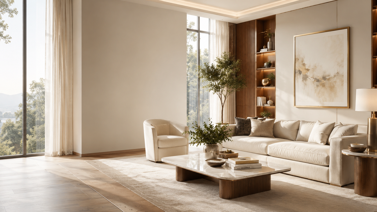Warm neutral living room with cream seating, natural light and gold accents