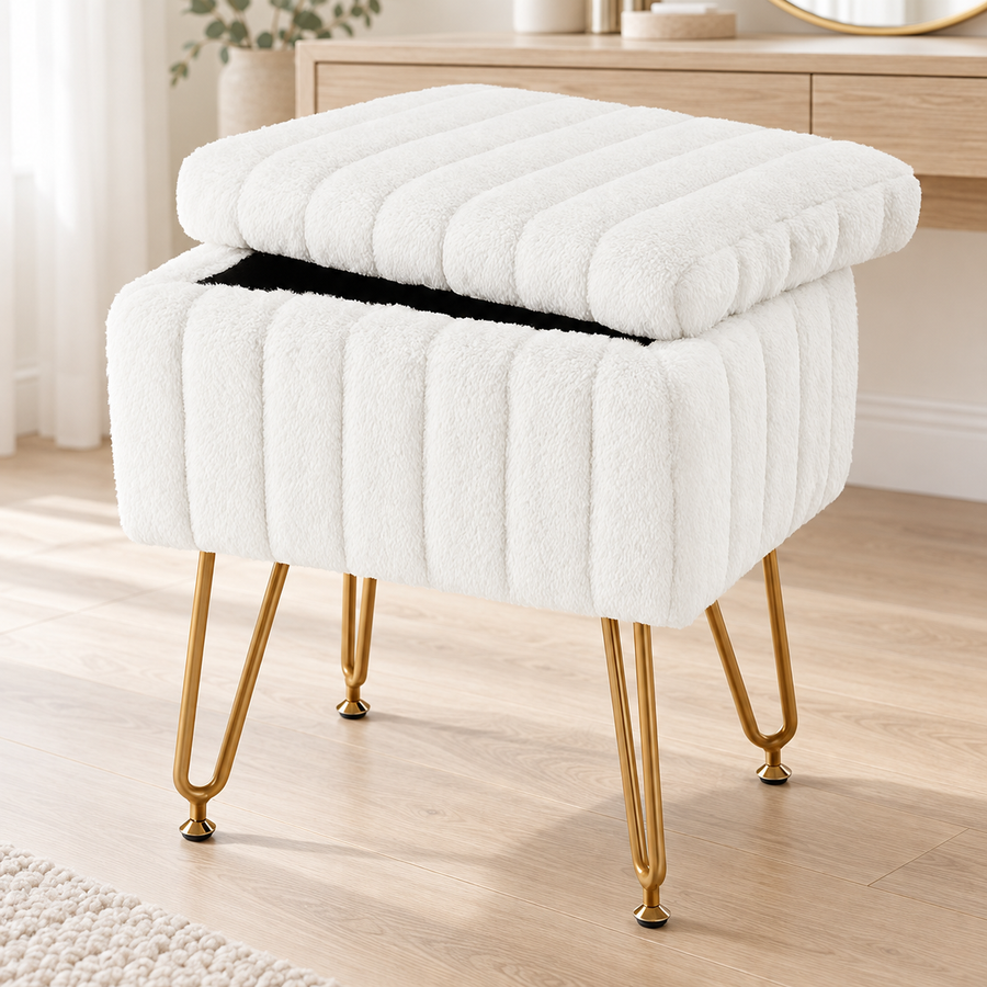 Faux Fur Storage Vanity Stool — White