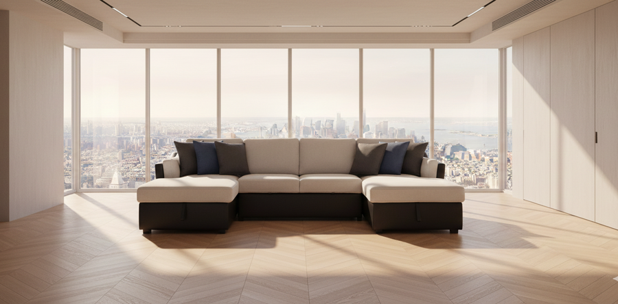 Merill Sectional Sofa w/Sleeper , Beige Fabric & Black PU 56015