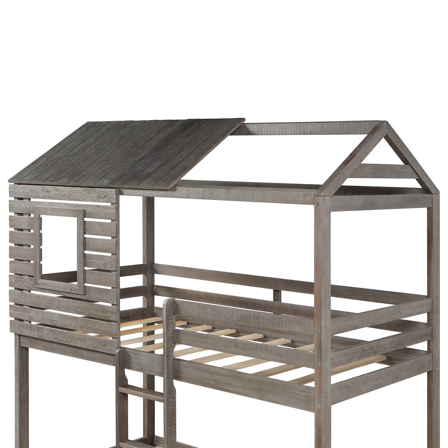 Twin Over Twin Bunk Bed Wood Loft Bed with Roof, Window, Guardrail, Ladder for Kids, Teens, Girls, Boys ( Antique Gray )