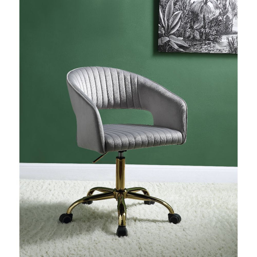 Gray Velvet & Gold Contemporary Swivel Office Chair – Adjustable Height, Armless, Barrel-Back Design - Hopi Office Chair, Gray Velvet & Gold 92940